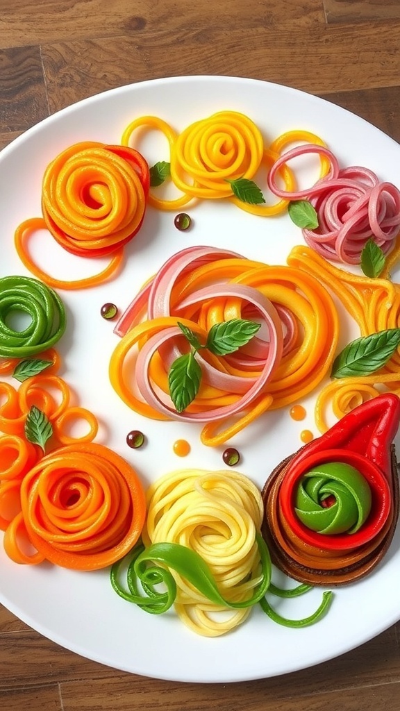 3D Noodle Art Recipe Colorful 3D noodles shaped into artistic designs on a plate, garnished with herbs.